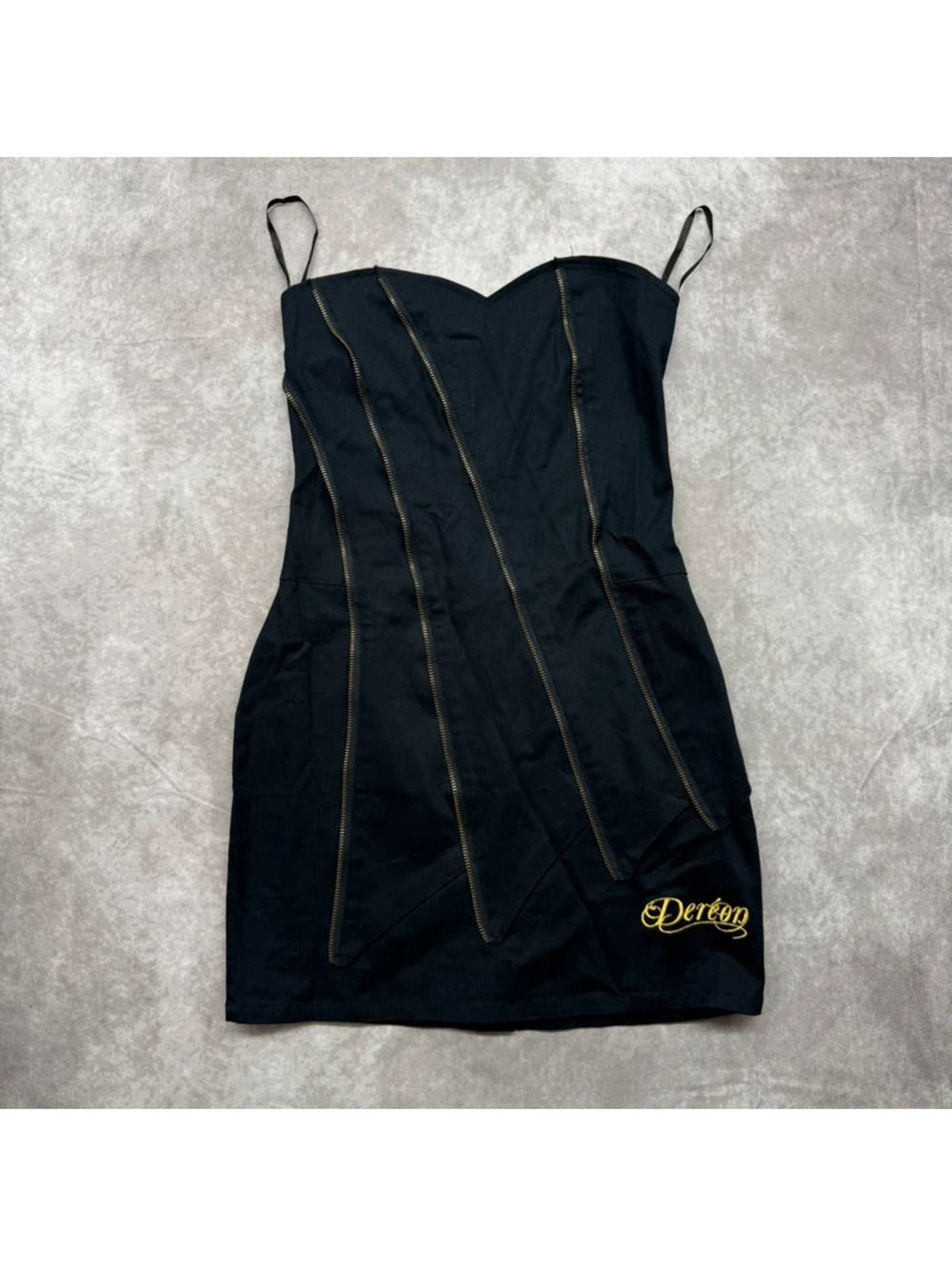 Vintage House of Dereon Black Multi-Zip Mini Dress Gold Logo Y2K